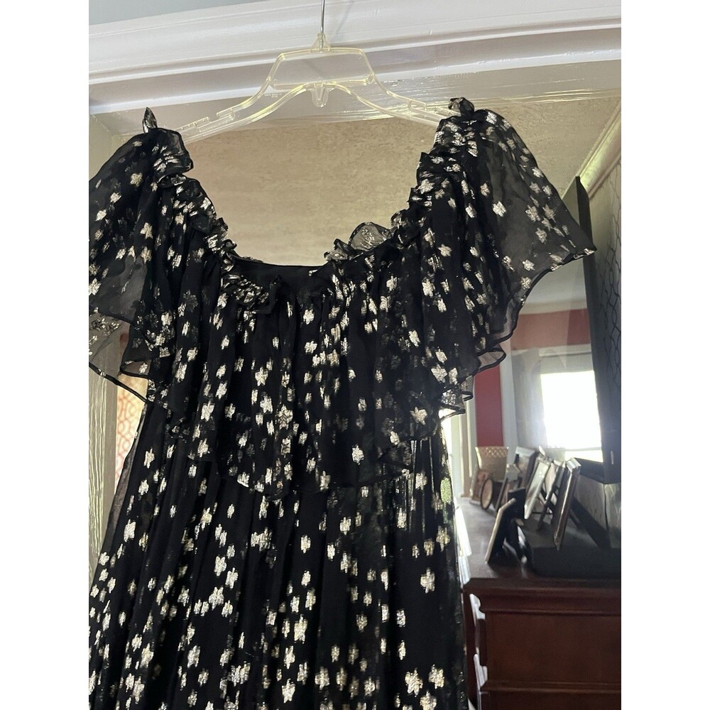LoveShackFancy Black Silk Gold Metallic Star Maxi Off Shoulder Chiffon Dress 2 - Picture 8 of 16